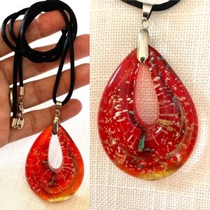 Vintage Dichroic Red Tear drop Art Glass Necklace Art to wear 18k GP